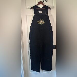 Victorian Trading Company Black Corduroy Embroidered Wide Leg Overalls Sz Large